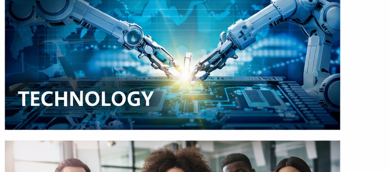 Technology banner showing gadgets and AI innovations